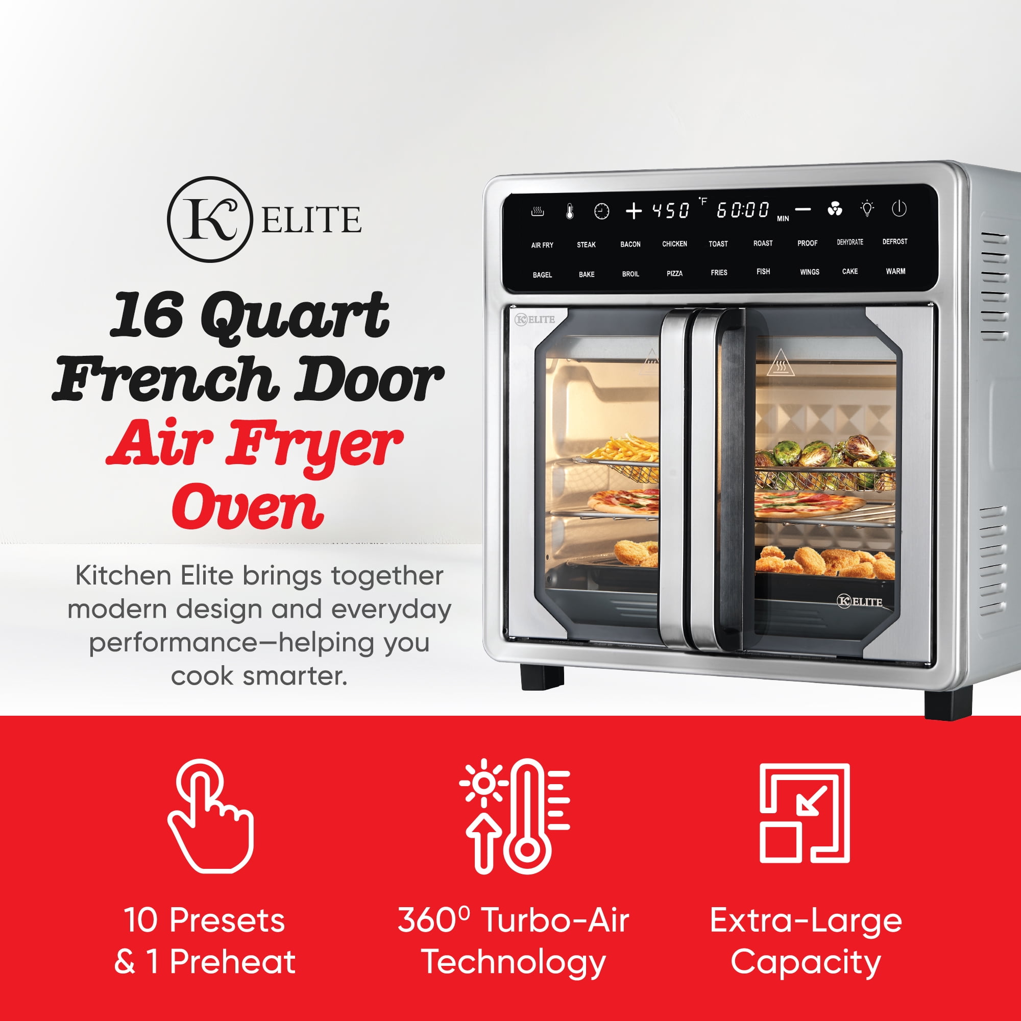 Kitchen Elite 16 Qt French Door Air Fryer Oven, Countertop Cooker with LED Display