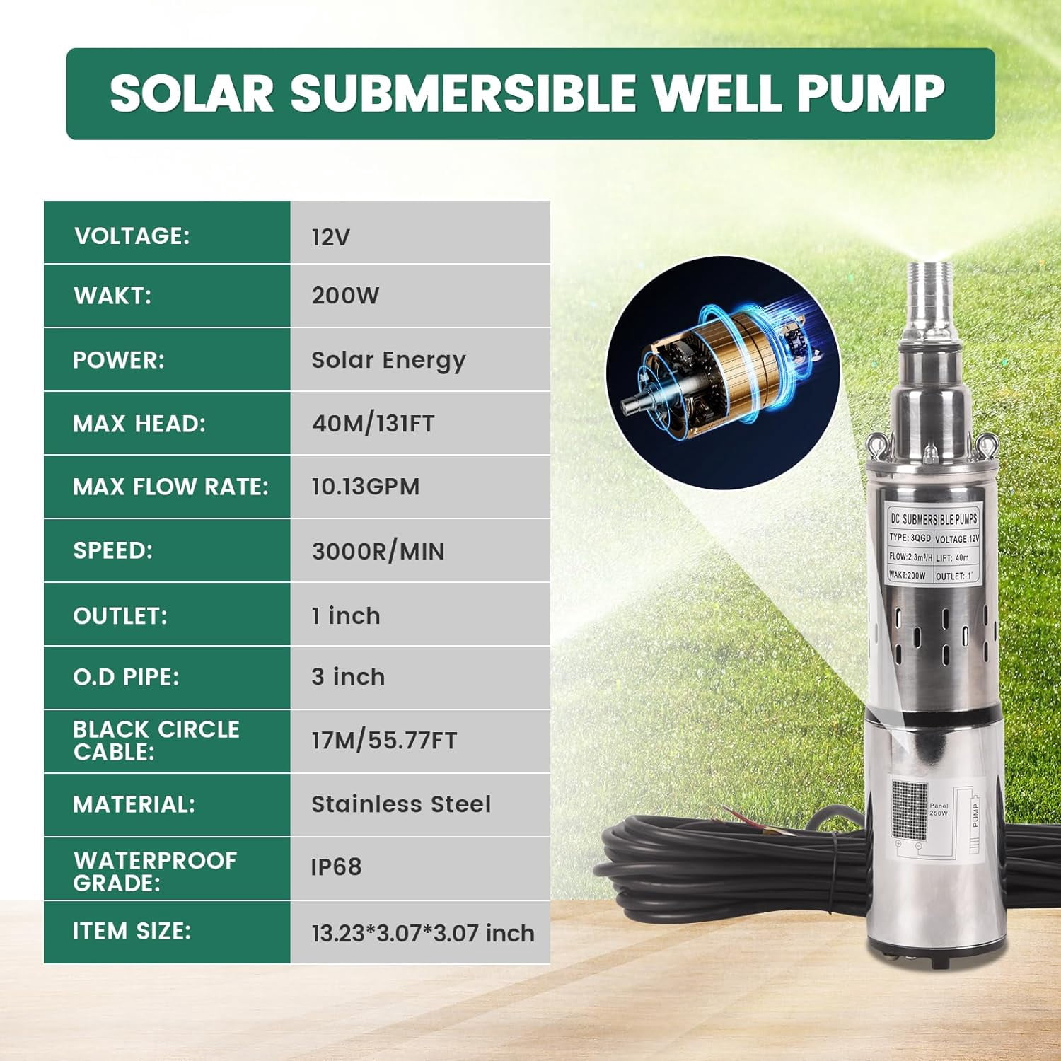 Dawot Deep Well Submersible Pump 12V Solar Submersible Water Pump 10gpm Flow Water Pump 1" Outlet 131ft Head for Industrial, Irrigation and Home Use, IP68 Waterproof Grade