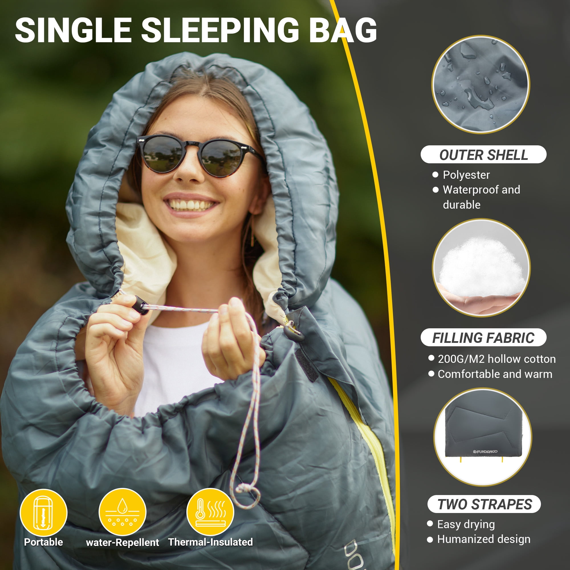 FUNDANGO Camping Sleeping Bag for Adults Teens Grey Waterproof Sleeping Bag with Compression Sack 87"*30" Compact Sleeping Bag for Hiking & Backpacking, 39.2°F-62.6°F, 2.5lbs, Grey