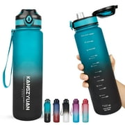 32 OZ Water Bottle, 1 Litre Large Capacity Sport Motivational Water Bottles BPA Free, Leakproof Security Lock for Fitness Gym Camping Cycling Traveling Office School (Cyan-blue/Black Gradient)