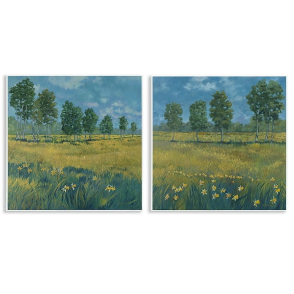 Stupell Industries Daffodil Tree Lined Field Landscape & Nature Painting Unframed Art Print Wall Art, 12 x 12, Set of 2
