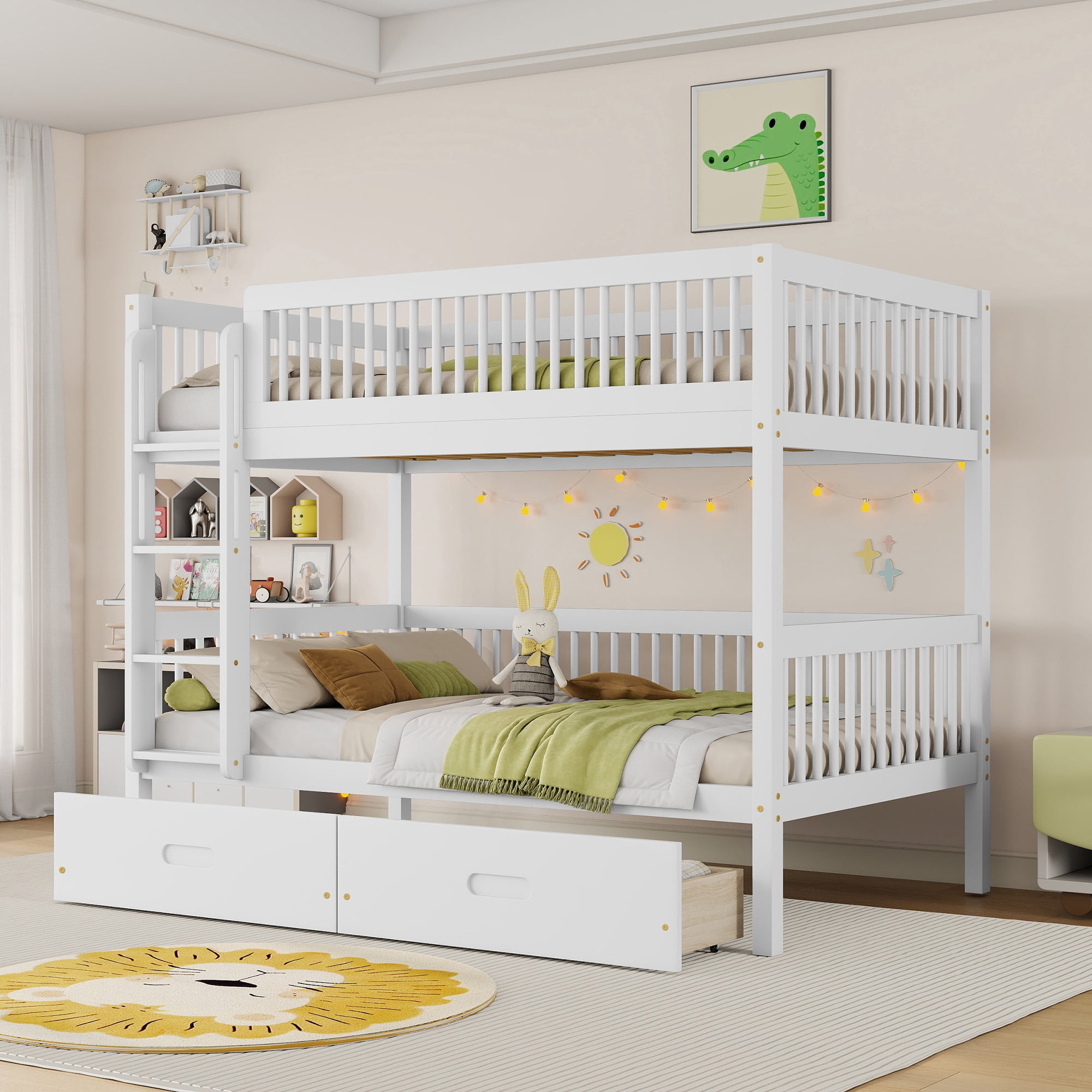Mintazer Twin Over Twin Wood Bunk Bed With 2 Drawers & Guardrail for Teens, Converted Into Two Beds for Bedroom Dormitory, White