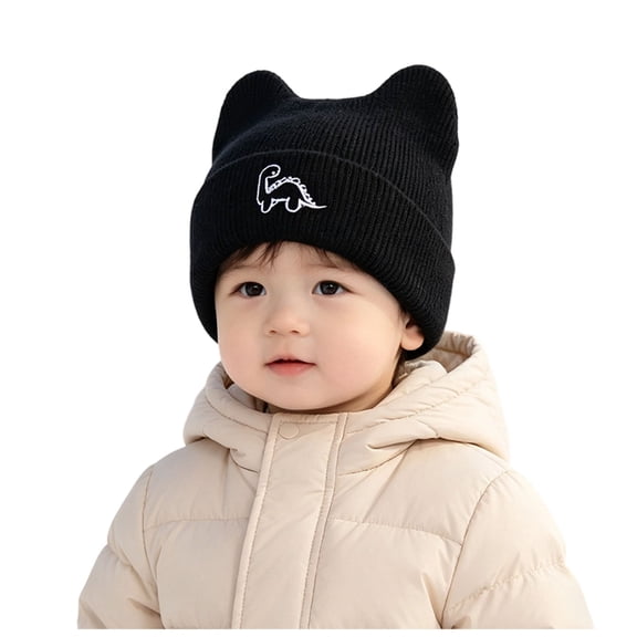 Wxirdrow Baby Beanies for Boys, Girls,Soft Baby Hat Adorable Casual And Simple Yet Versatile Pure Color Dinosaur Embroidered Double Fiber Knitted Hat Black,3-8 Years