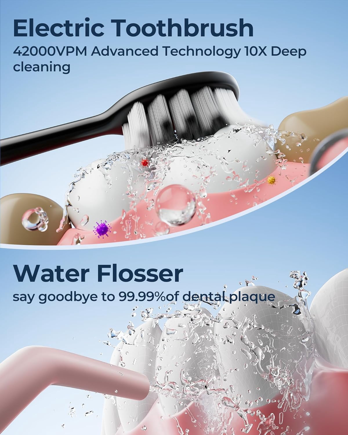 Electric Toothbrush Water Flosser Adults, Sonic Electric Toothbrush and Electric Floss for Adults and Kids, Water Dental Picks, Cleaning and Flossing Dental Care, Waterproof