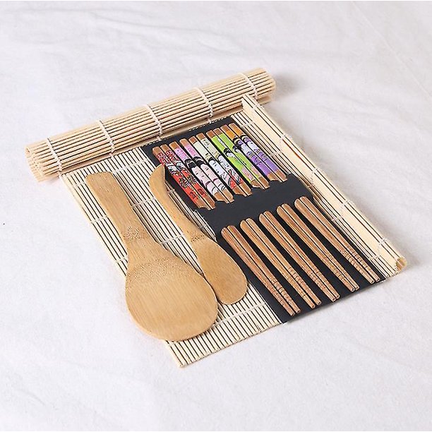 Juego de molinillo de cocina de herramientas de sushi, molde de arroz de algas, cortina de bambú de cuchara de arroz, palillos de bambú, cuchara de arroz (1 juego (9 piezas))
