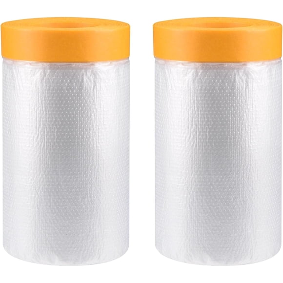 Woeilo Pre-Taped Masking Film, 35.4 in x 65 Ft, Plastic Drop Cloth with Medium-Tack Painters Tape for Painting Protection, 2 Rolls Transparent 35.4 in x 65 Ft