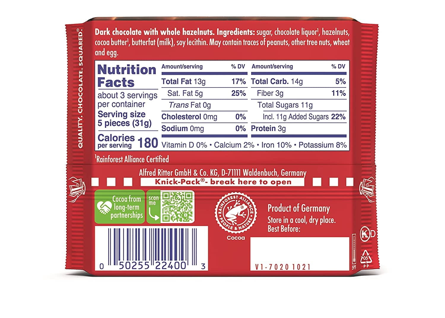 Ritter Sport nut Class Dark with Whole Hazelnuts candy bar chocolate 3.5 Ounces each Bundle of 10 Full-Size Bars) Best GIFT