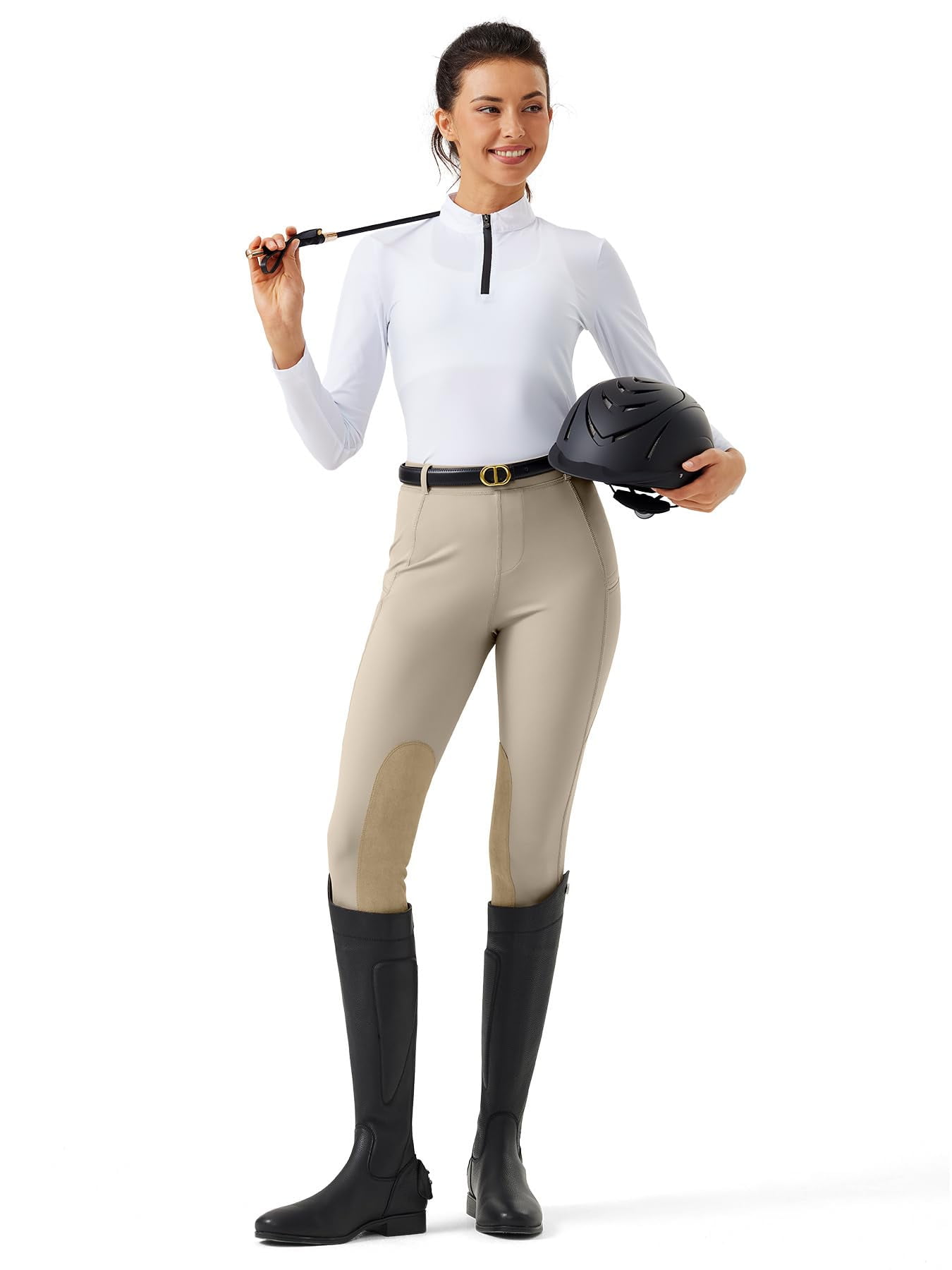 Women's Horse Riding Pants with Zipper Pockets Knee-Patch Schooling Tights Equestrian Breeches for Women khaki L