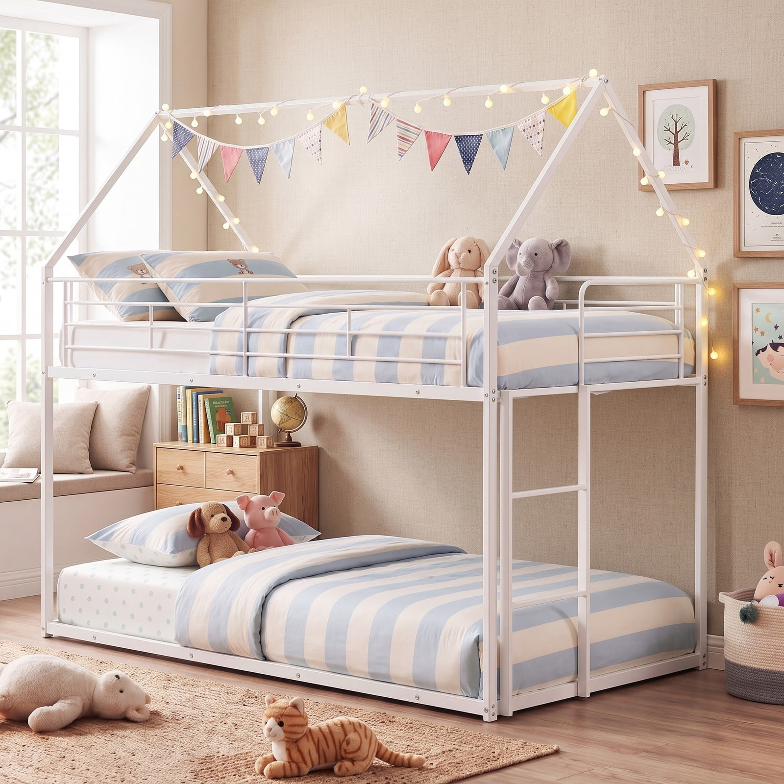 Furnibear Twin Over Twin Metal House Bunk Bed with Roof Ladder and Full-length Guardrails for Kids and Shared Rooms, White
