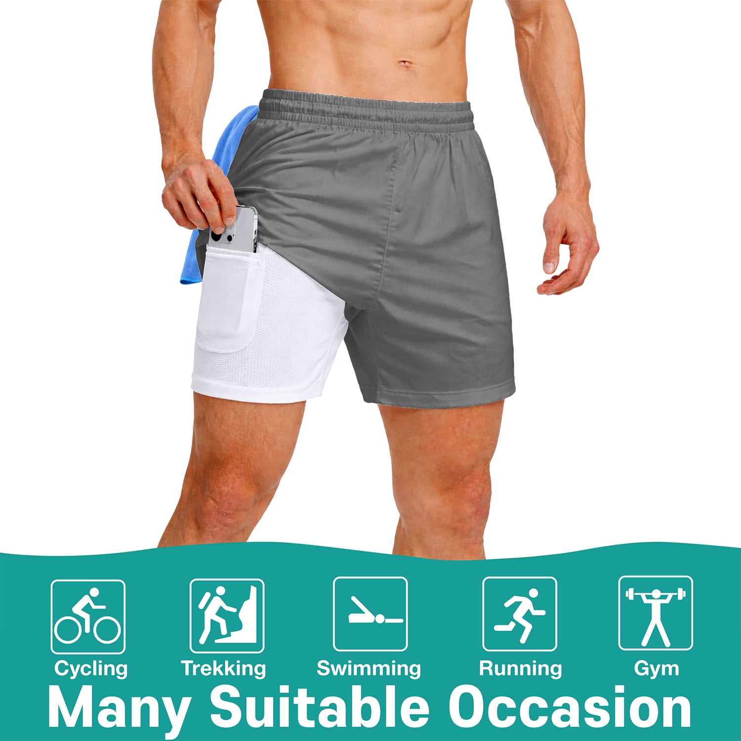 Men’s 2-in-1 Swim Trunks with Compression Liner, Quick-Dry Stretch Fabric, Drawstring Waist, and Pockets - Beach, Swimming, and Active Wear - Gray L