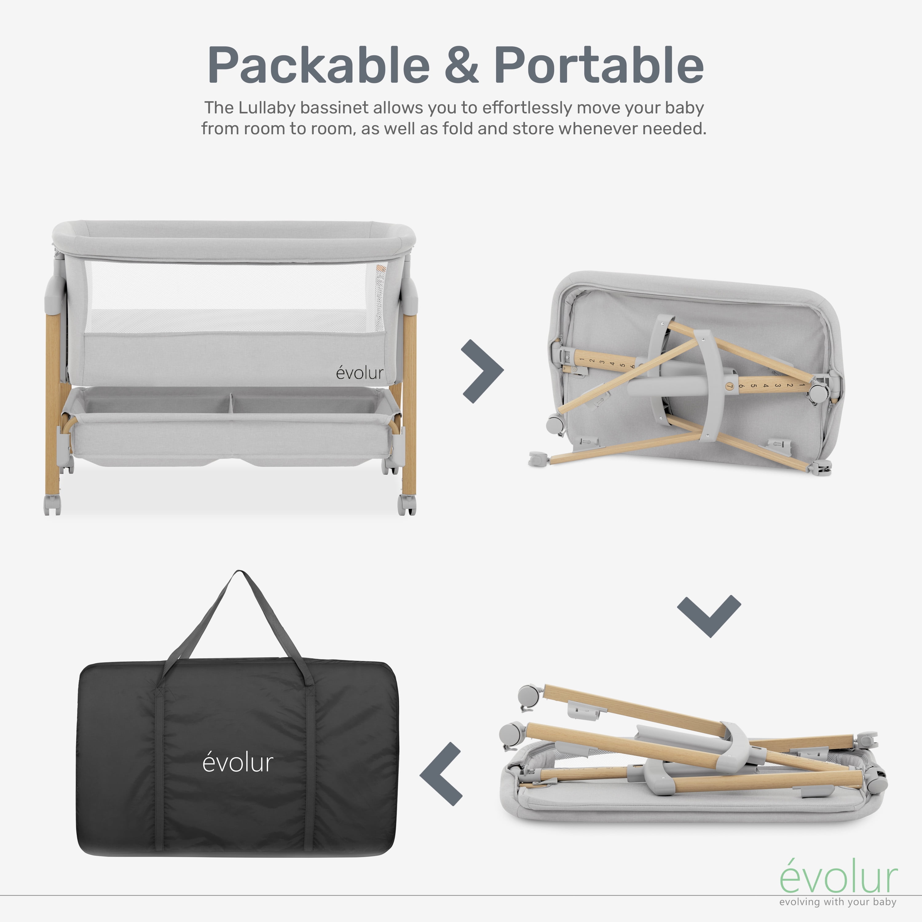 Evolur Lullaby Portable Bassinet With Wheels, Light Gray