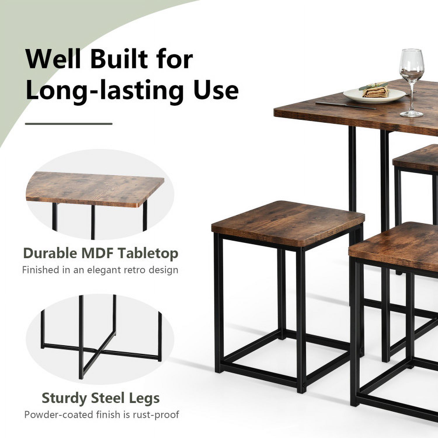 Finihen Dining Set, Dining Table Set, 5 Pieces Metal Frame Dining Set with Compact Dining Table and 4 Stools, for Home, Restaurant, Walnut Finihen Dining Set, Dining Table Set, 5 Pieces Metal Frame Dining Set with Compact Dining Table and 4 Stools, for Home, Restaurant, Walnut