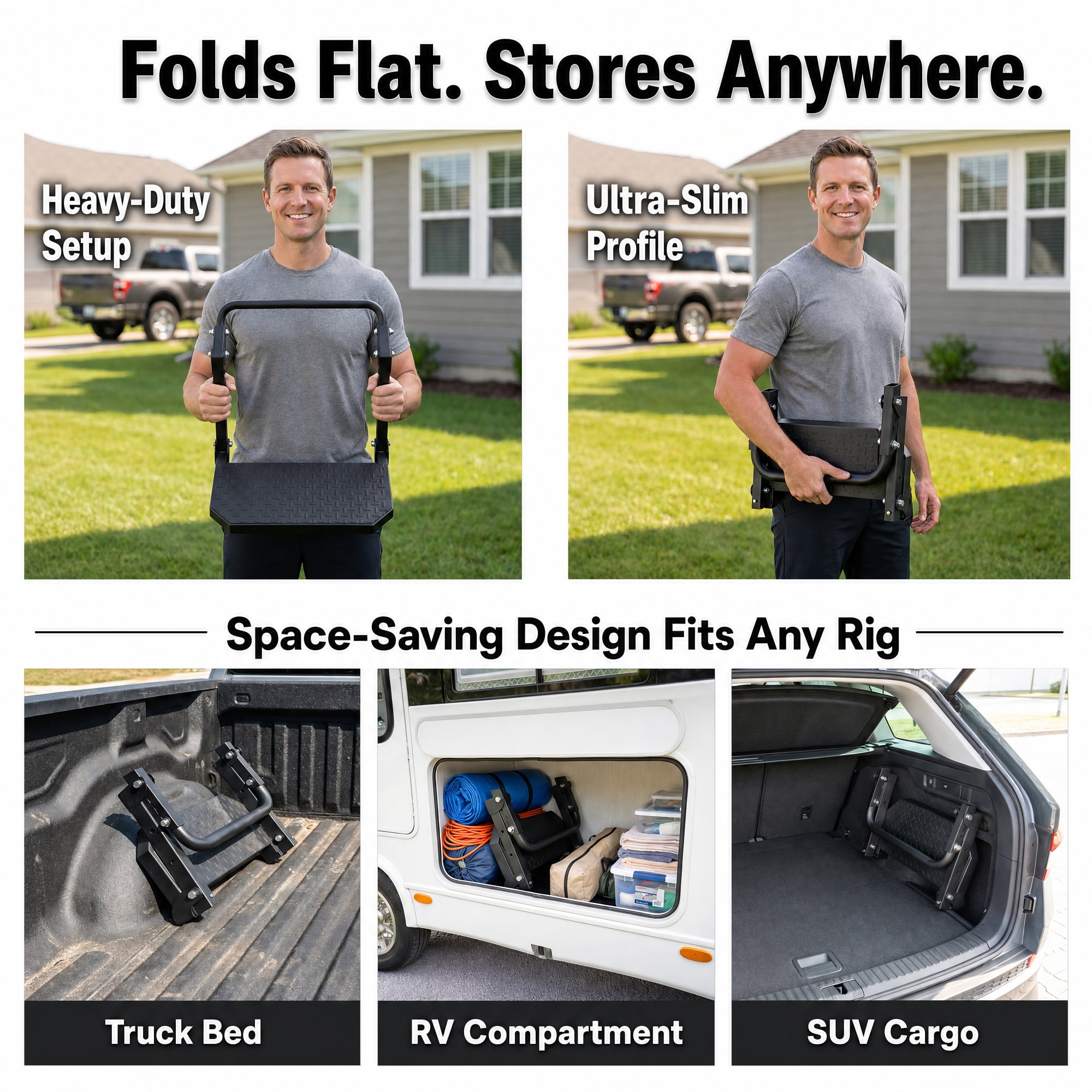 Universal Folding Tire Mounted Step for Truck SUV and RV, Heavy Duty Adjustable Side Step Fits 10.2-14.4 Inch Tires, 300 lb Capacity Tire Step, Black