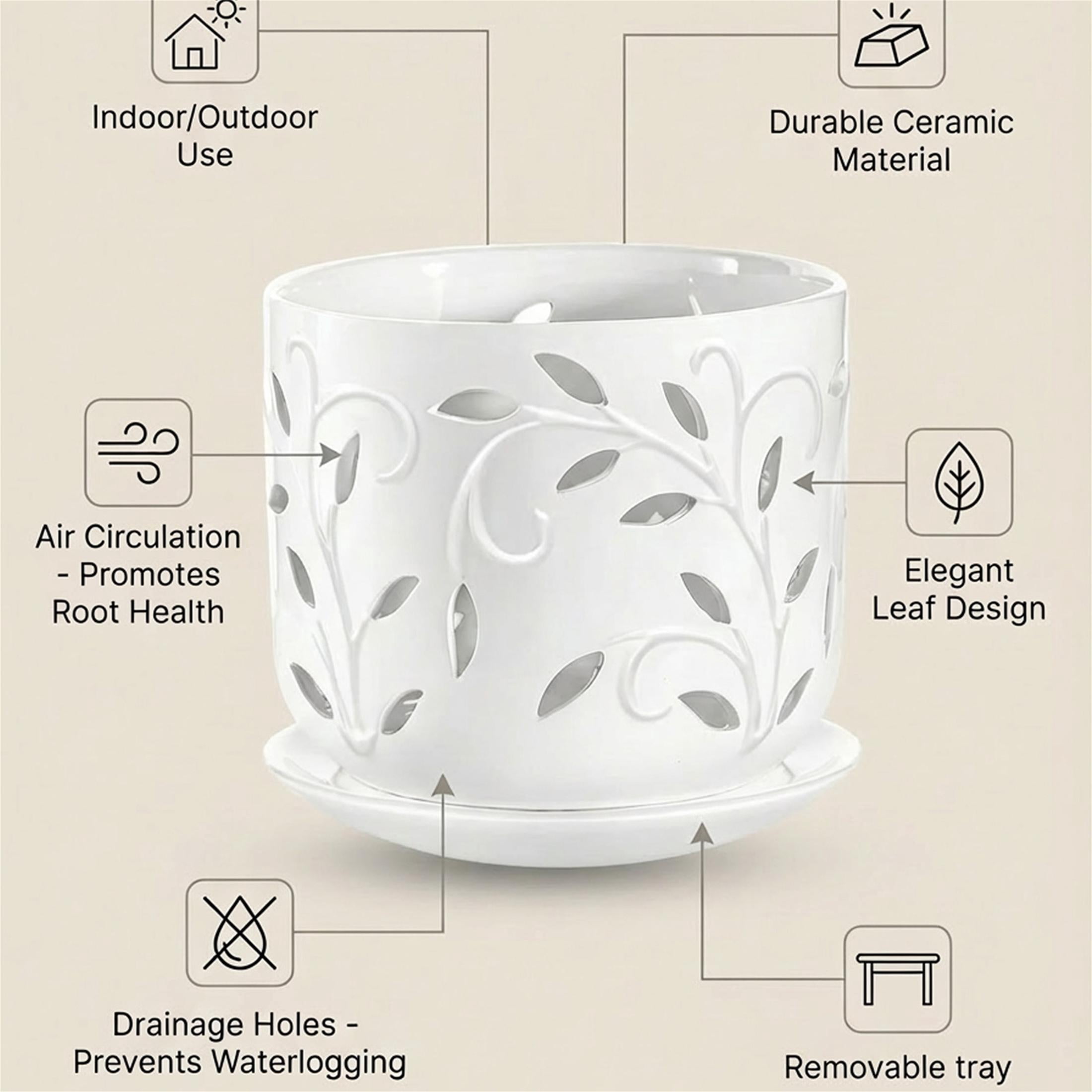 BUYMAX 5" & 6" Ceramic Orchid Pots with Holes and Trays, Leaf Lattice Alabaster White, Set of 2