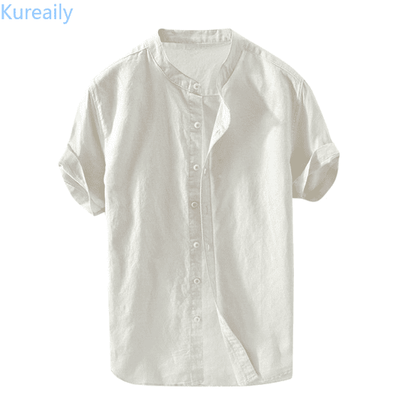 Kureaily Mens Short Sleeve Button Up Shirts Linen Cotton Beach Tops Spread Collar Summer T Shirt