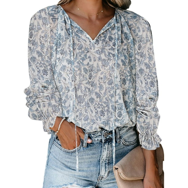 Casual Boho Floral Tunic Tops for Womens Long Sleeve V-neck Fall Tops ...
