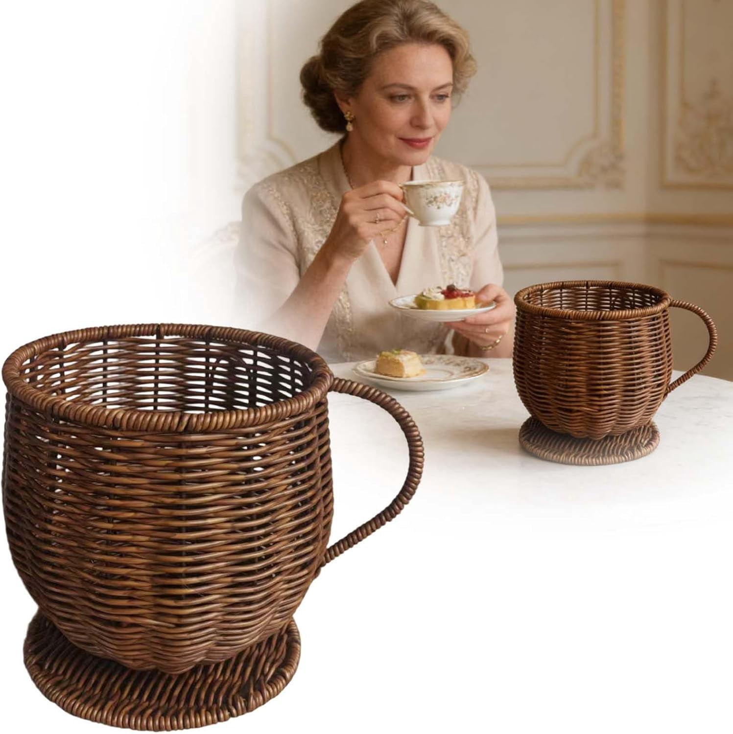 Wicker Coffee Cup Shape Storage Basket, Handwoven Woven Organizer for Fruit Bread, Rattan Creative Farmhouse Fruit Bowl, Multi-Purpose Container for Kitchen Countertop (Coffee)