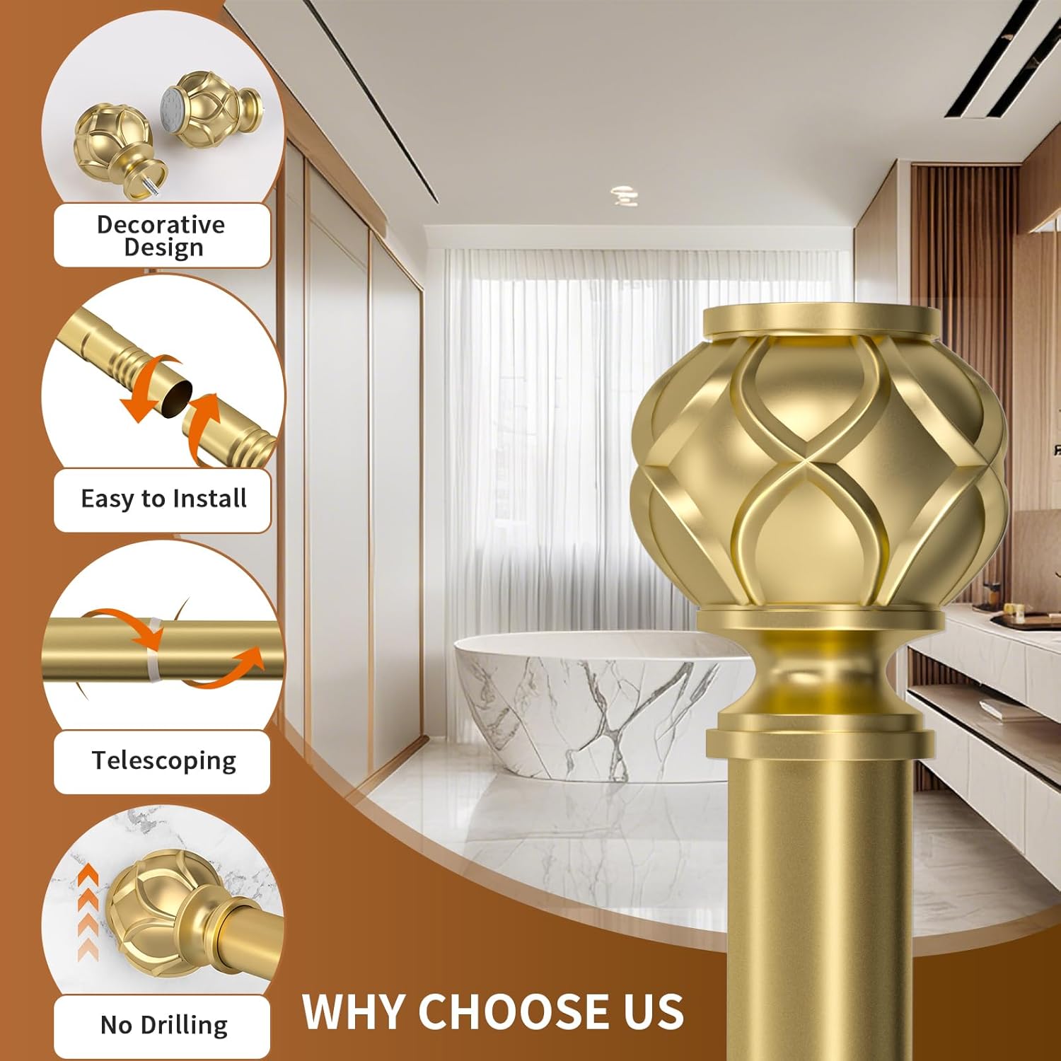 TRAHOO-Gold Tension Shower Curtain Rod 36-84 Inches(3-7Ft), Adjustable Spring Tension Shower Rod, No Drill Never Rust Non-Slip Shower Rod for Bathroom