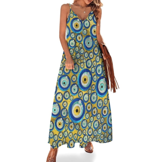 Nuevo vestido sin mangas con patrón de amuleto de mal de ojo de vidrio azul griego para mujer vestido de noche para mujer