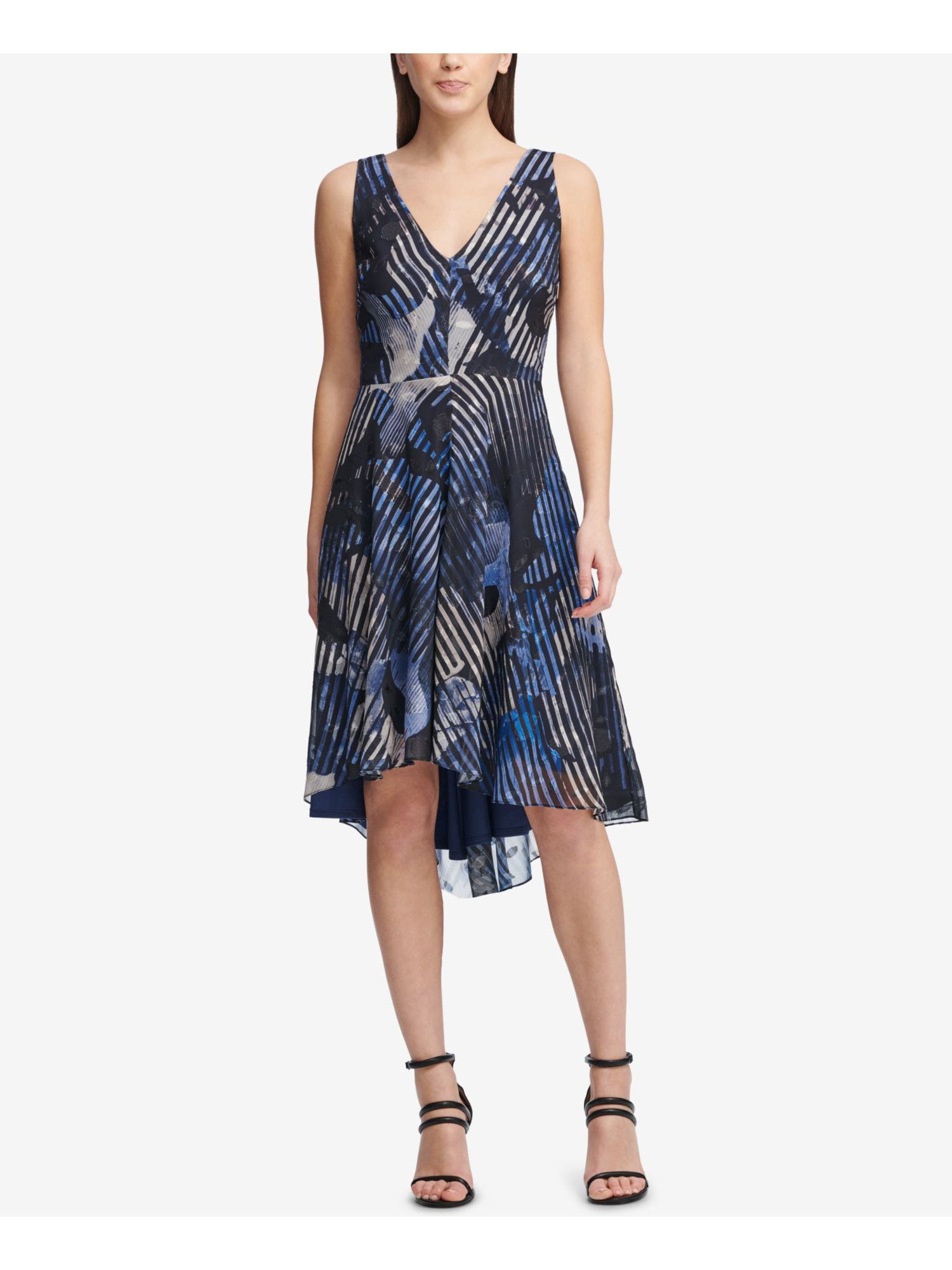 DKNY DKNY Womens Blue Shadow Flower Printed Sleeveless V Neck Knee