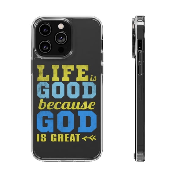 DistinctInk Clear Hybrid Case for Apple iPhone 14 Pro (6.1" Screen) - Life Is Good Because God Is Great - Lightweight Grip