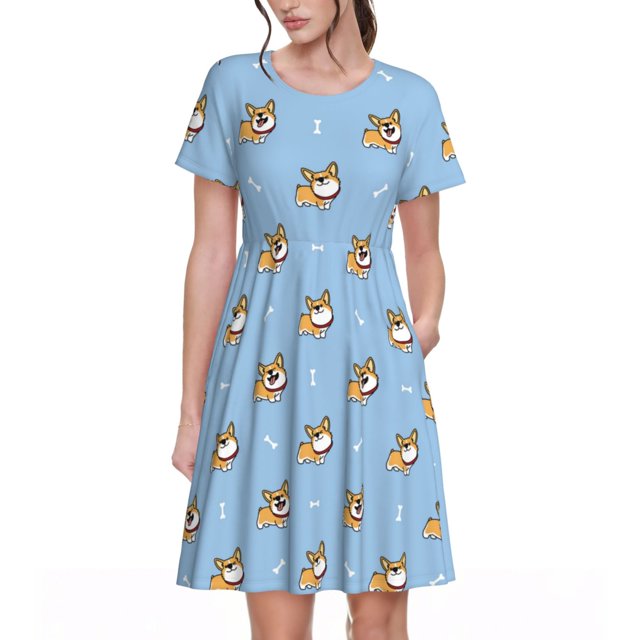 Disketp Cute Cartoon Corgi para Vestido de Manga Corta para Mujeres, Vestidos de Verano para Mujeres, Casual y Holgado para la Playa