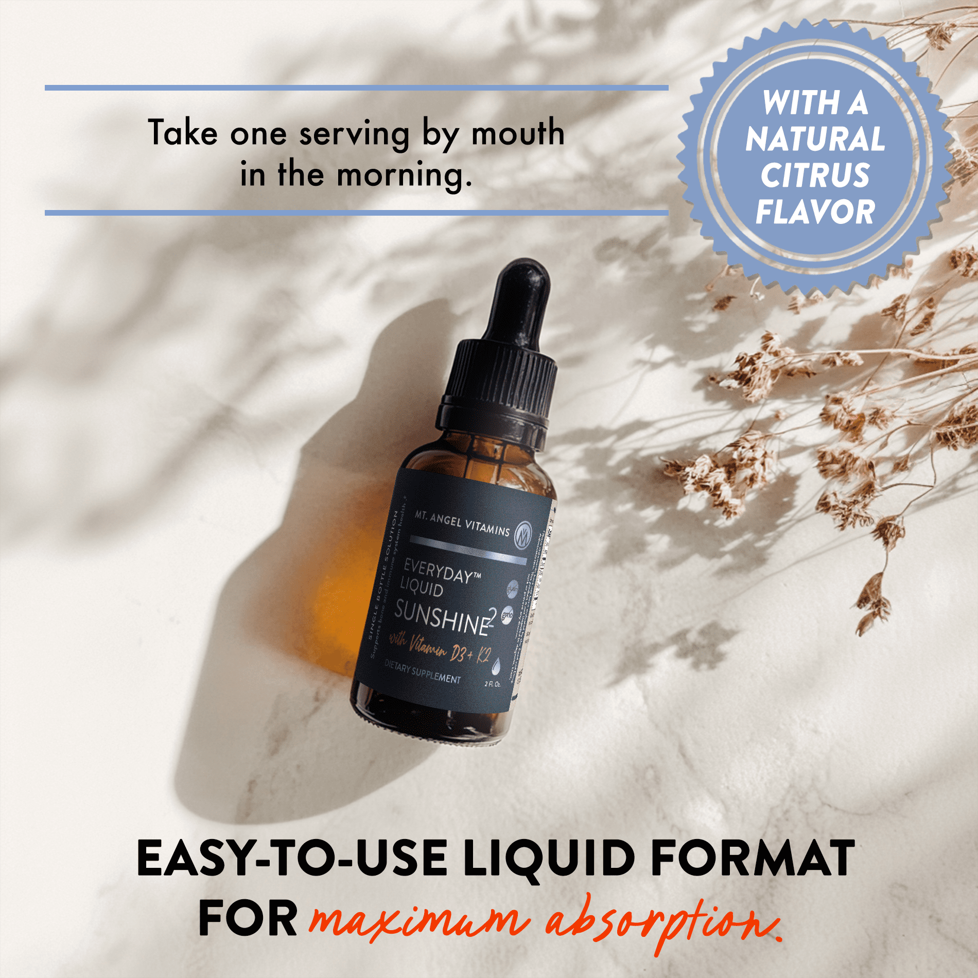 Mt. Angel Vitamins - Liquid Sunshine - Vitamin D3 + K2 - 2 fl oz