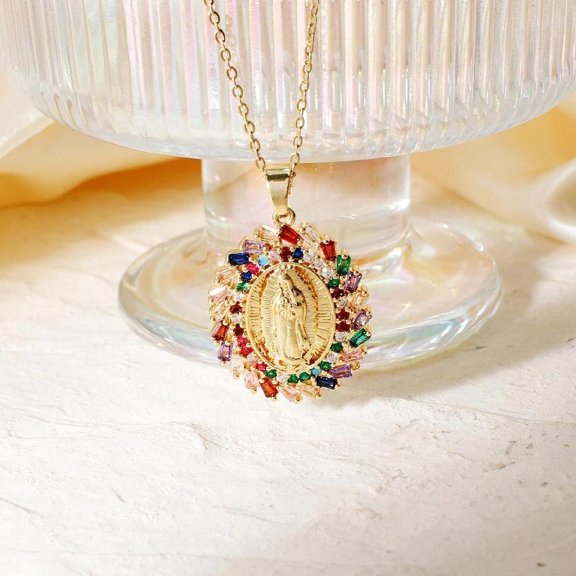 Gold Plated Cs Zirconia Guadalupe Virgin Mary Necklace Pendant Multicolor N62