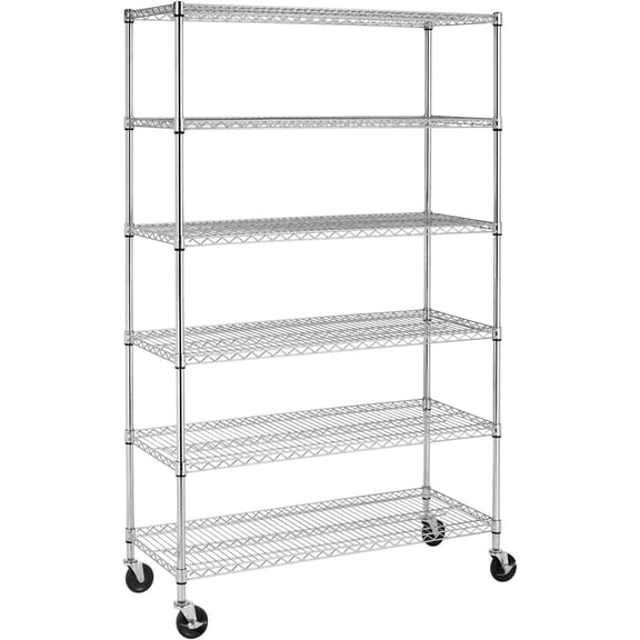 FDW 6-Shelf Metal Storage Rack, Wheels, Heavy-Duty Adjustable Shelving, 6000 Lbs Capacity, 18"x48"x76", Chrome Finish