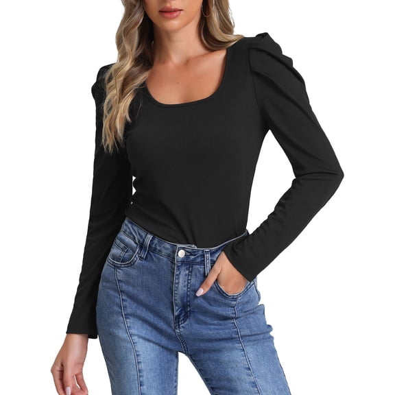 DARING DIVA Women's Square Neck Puff Long Sleeve Basic Ribbed Tunic Blouse Black XS