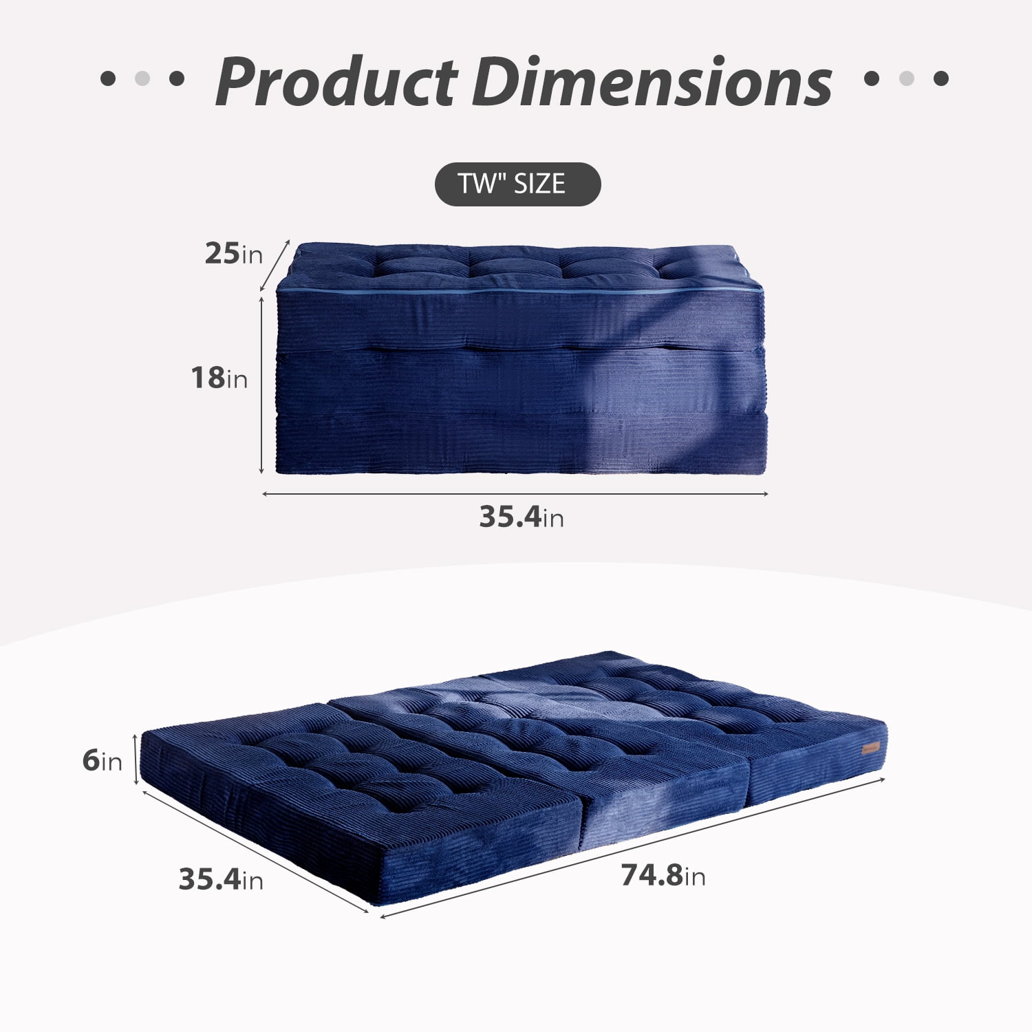 BYBYME 6 inch Tri-Fold Mattress,Corduroy Folding Mattress Made of a Whole Foam,Memory Foam Mattress Topper Perfect for Sleeping,Camping,Twin,Navy