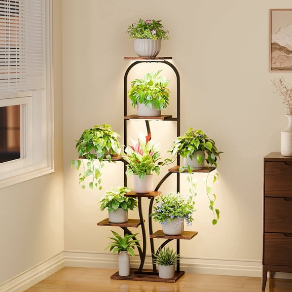 BECOKOME Plant Stand Indoor Tall 51'' 8 Tier Tree Shaped Corner Plant Shelf Metal and Wood Plant Stand for Multiple Plants Living Room Home Decor