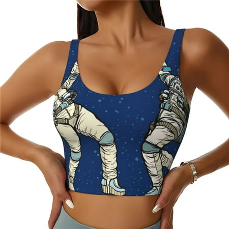Jgfou Disco party Astronaut Dancing Print Womens Sports Bra - Padded Workout Sports Bras Crop Tank Top
