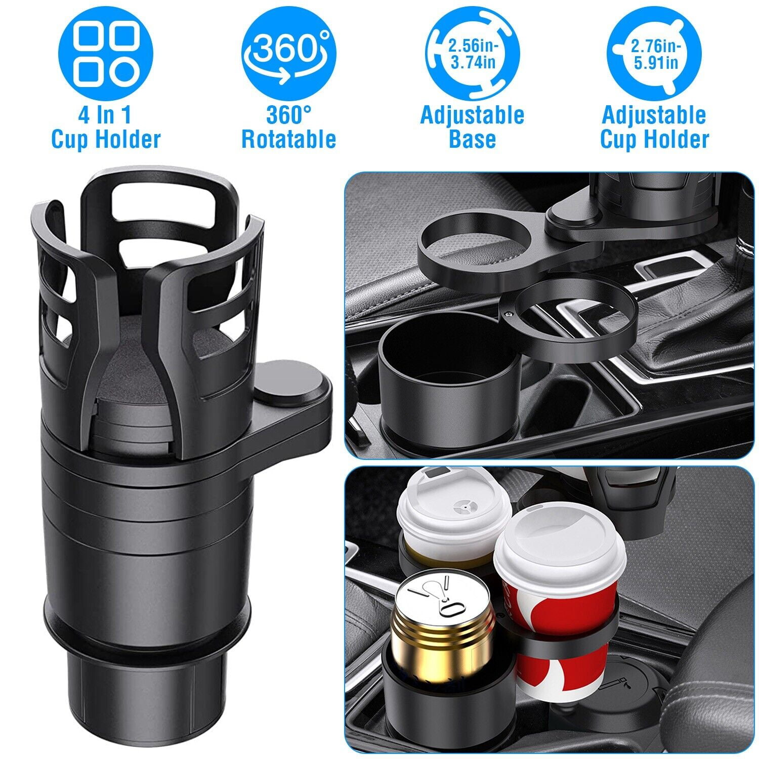 4In1 Car Cup Holder Expander Auto Drink Holder w/360° Rotating