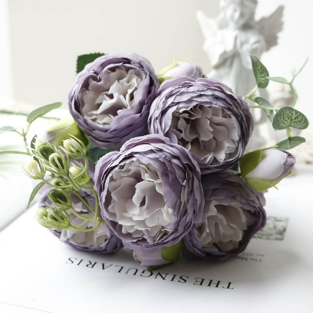 Ramo de peonías artificiales de seda | Flores artificiales de 5 cabezas para centros de mesa de boda y decoración del hogar | Ramo decorativo para San Valentín o despedida de soltera