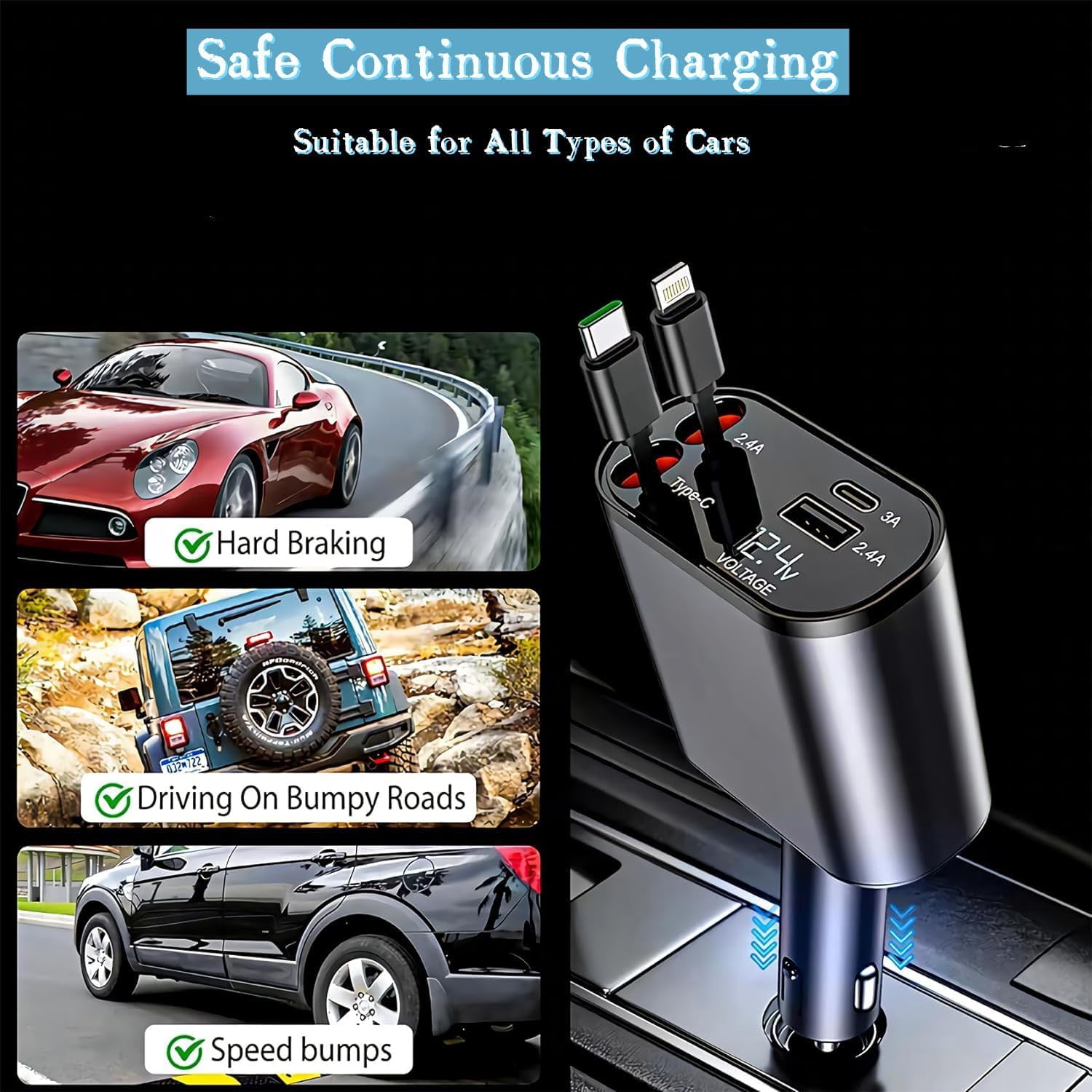 CJBZLCPCOO Retractable Car Charger,Type C Fast Car Phone Charger with 120W Power, 2 USB Ports, and Retractable Cables. It’s Compatible with iPhone Models 15/14/13/12/11/iPad and Galaxy