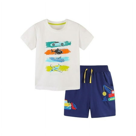 Gyujnb Toddler Boys 2-Piece Short Sleeve Crew Neck T-Shirt with Multi-Vehicle Graphic and Elastic Waist Construction Embroidery Shorts 3-4 Years