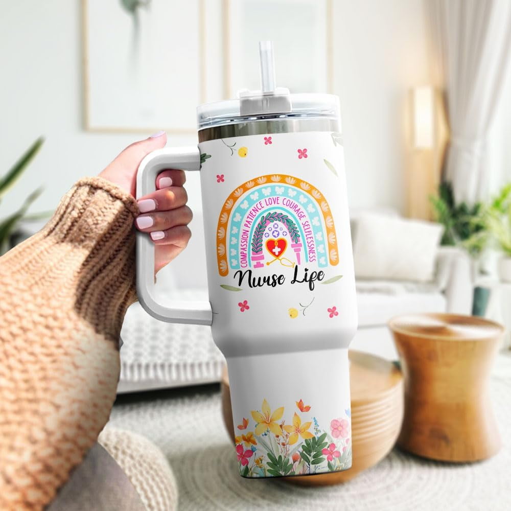Nurse Gifts, Tumbler 40 Oz With Handle Lid And Straw, Nurse Rainbow Color, Engraved Nursing Cups Straws Funny Cup Nurses Tumblers Flower Handle Student Travel Coffee Week Er