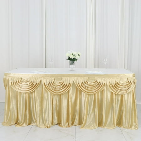

Efavormart Champagne Satin Double Drape Table Skirt for Kitchen Dining Catering Wedding Birthday Party Decorations Events 14ft