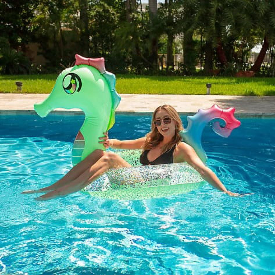 PoolCandy 42 Inch Holographic Glitter Seahorse Jumbo Inflatable Swimming Pool Tube