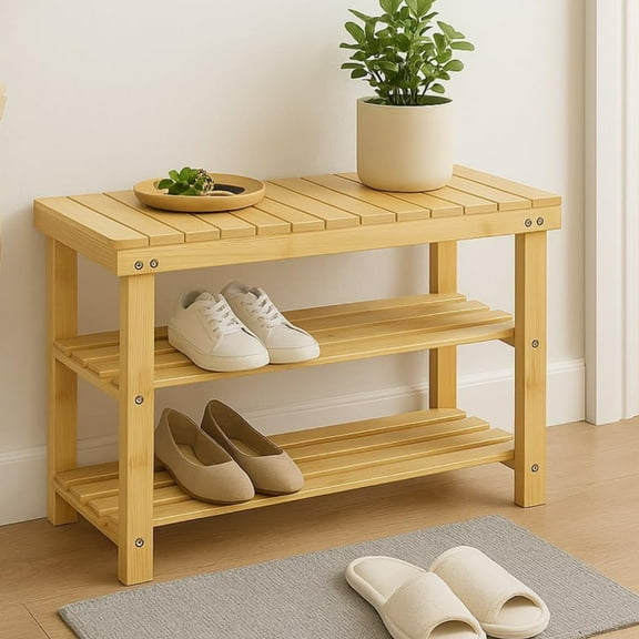 Parcus Bamboo Shoe Rack Bench, 3-Tier Wood Storage Organizer, 286 lb Capacity, 27.6"W x 11.3"D x 17.8"H, for Entryway and Bedroom