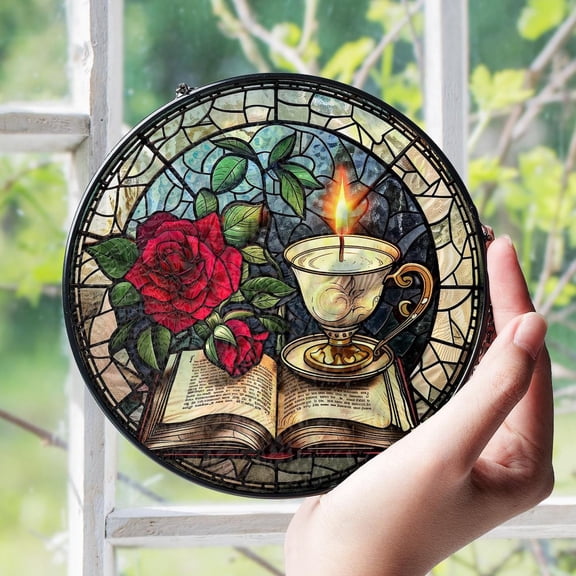 Enchanted Rose Glass Suncatcher v6, Bookish Flower Hanging, Beauty and the Beast, 7.9 in