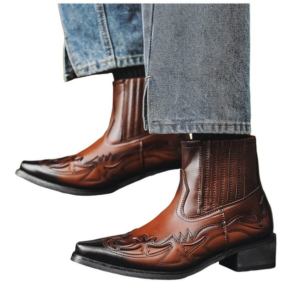 Leozcaa Cowboy Boots for Men Square Toe Ankle Boots Western Chelsea Boot Casual Dress Slip On Short Booties