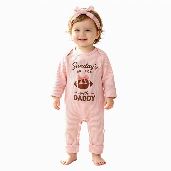 larppty Infant Baby Boy Girl Football Outfit On Sundays We Watch Football with Daddy Football Season Romper Jumpsuit Hat (Pink,6-12 Months)