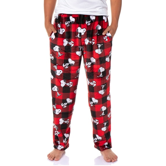 Peanuts Snoopy Men's AOP Character Buffalo Toss Soft Fleece Pajama Pant Lounge Sleep w Side Pockets and Drawstring Waist