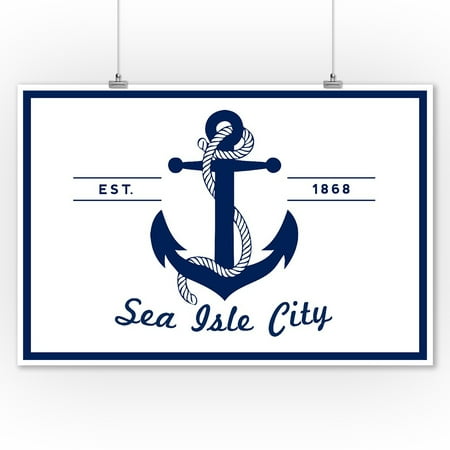 Sea Isle City, New Jersey - Blue & White Anchor - Lantern Press Artwork (9x12 Art Print, Wall Decor Travel