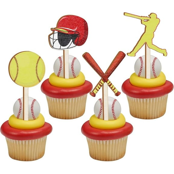 16PCS Softball Cupcake Toppers Wooden Softball Cake Toppers for Softball Party Decorations Birthday Baby Shower Sports Party Supplies