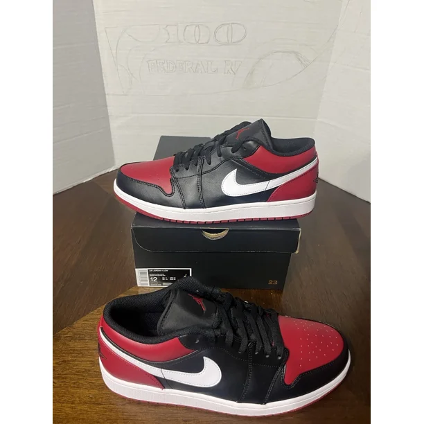 Ni - ke NEW Ni - ke Air Jordan 1 Low Shoes "Bred Toe" Black White 553558-066 Men's Size 12