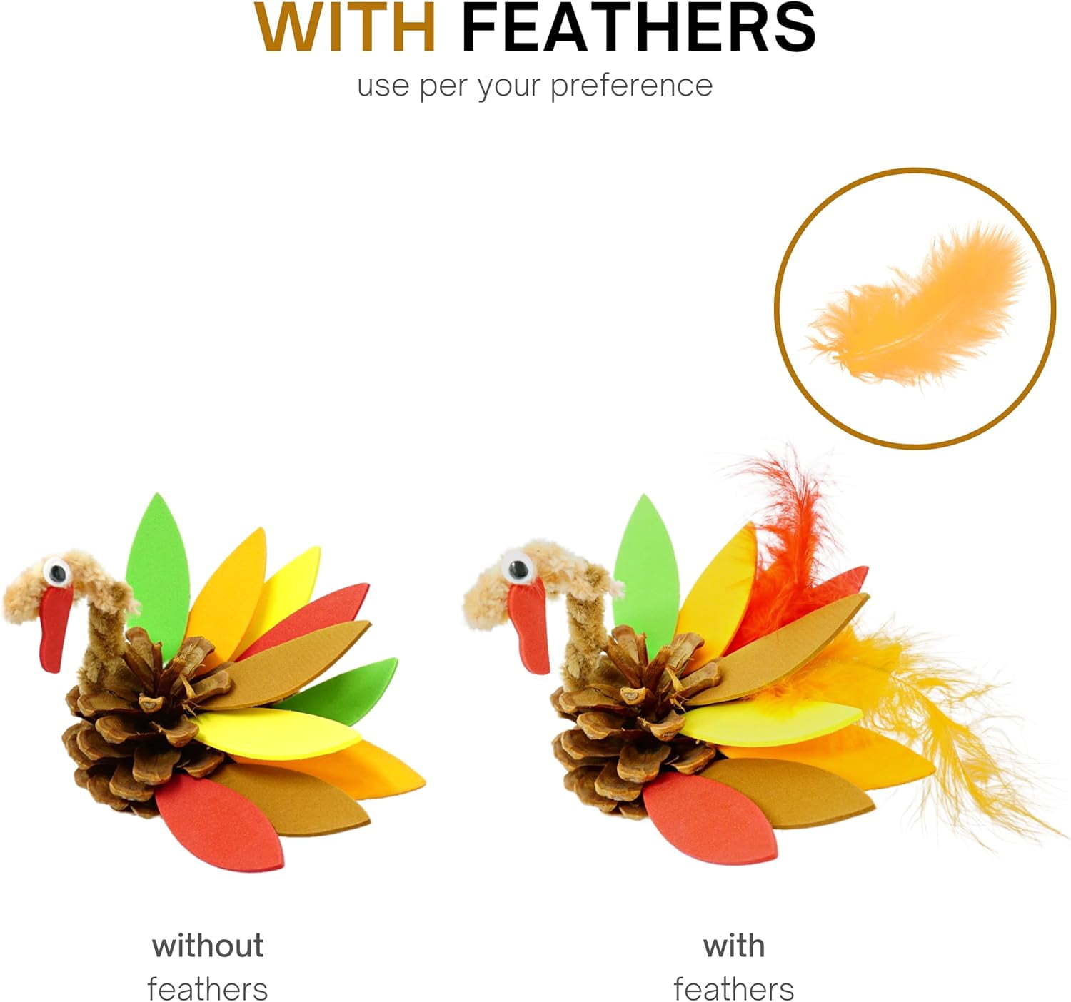 4E's Novelty 12 Pack Pinecone Turkey Craft Kit - DIY Thanksgiving Crafts for Kids & Adults, Turkey Arts and Crafts, Thanksgiving Table Decorations
