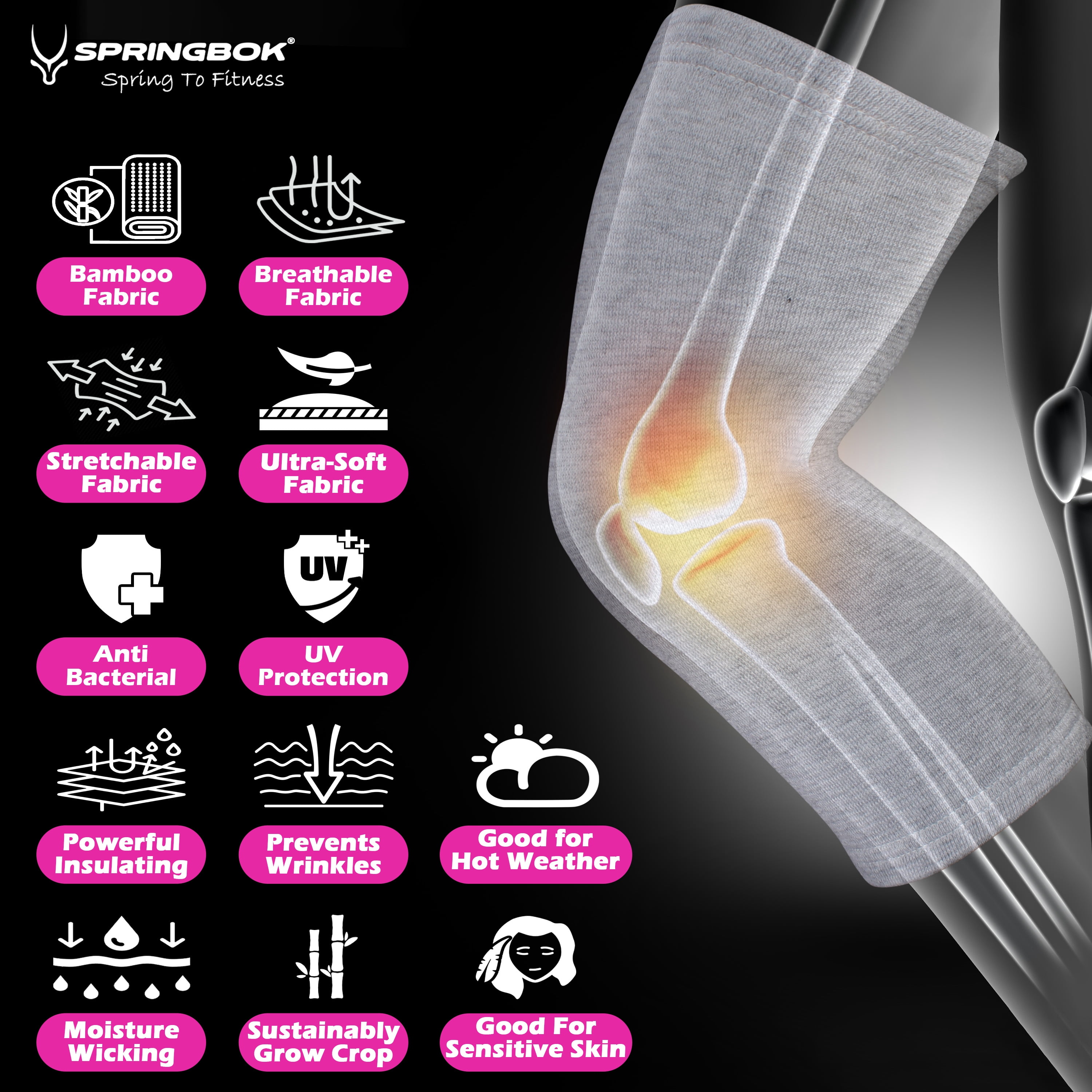 SPRINGBOK Bamboo Fabric Knee Brace  4-Way Stretch & Compression Support for Men & Women  Pain Relief & Joint Stability (1 Pair)-Large